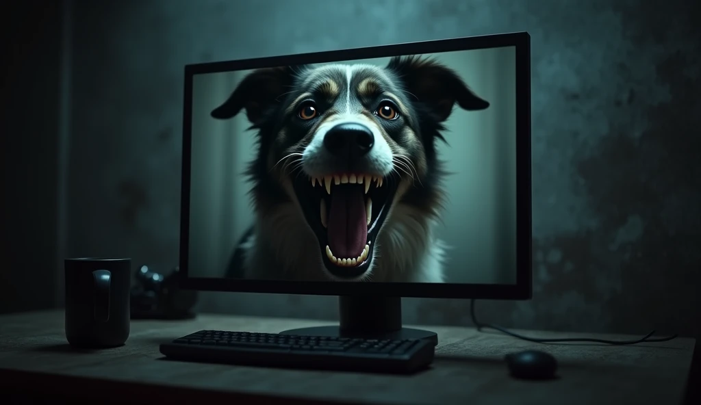 A dark, eerie room with a dimly lit computer screen showing a brief, distorted image of a grinning dog. The dogs eyes are unnaturally wide, with sharp, human-like teeth I n a sinister smile. The background is shadowy, and faint whispers of old internet cha...