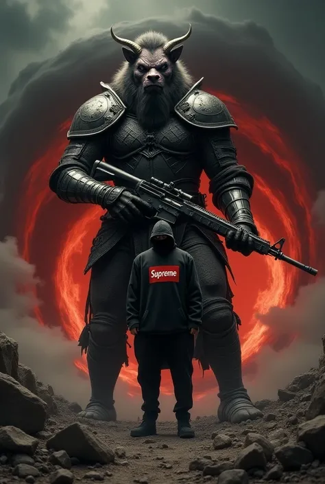 Me Beast wearing Templar armor carrying a rifle while looking at the Flash wearing Supreme clothing who is looking directly at the camera and in the background a giant red car entering a black hole 