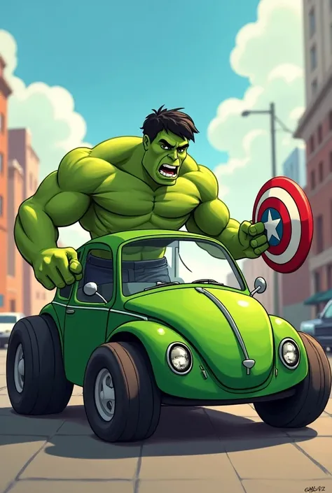 Hulk cartoon entering the green Beetle car with Captain Americas shield 