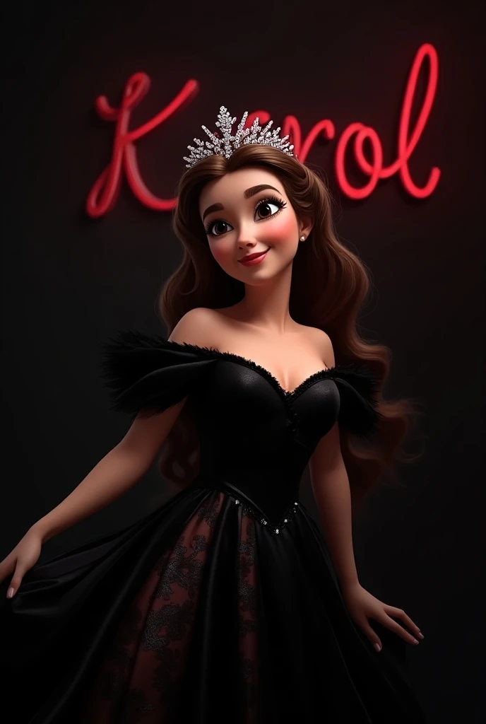  Generate an image of Princess Belle in a black dress with red karol letters in a Disney Pixar style .  Her happy expression a crown with diamonds and silver letters a sign for my 15 springs uses black and silver colors only the black background with neon ...