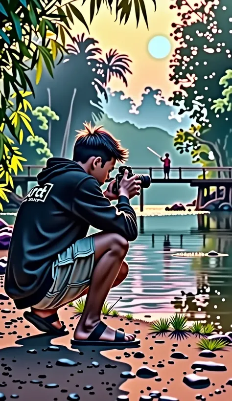 Photography Young man  indinesia hodies black logo lettering "Art Day " bright color gradation, short cargo pants and japit sandals .  Squat over by the river and teihat is fishing .  River there is a bridge made of bamboo ,  around very lush trees and the...