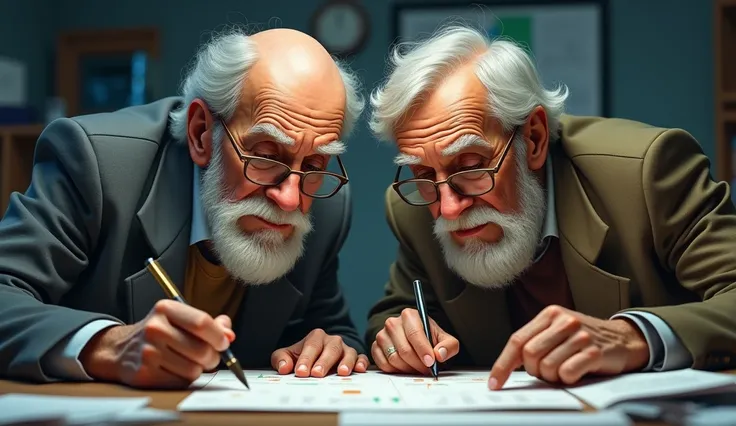 Suit result handlers with the faces of 2 old men looking at the center