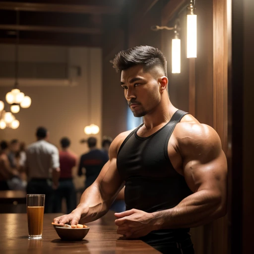 a muscular chinese man and a muscular mexican man holding hands at a cafe table, surrounded by a parade of muscular men dancing, intricate detailed portrait, beautiful lighting, cinematic composition, vibrant colors, photorealistic, 8k, (best quality,4k,8k...