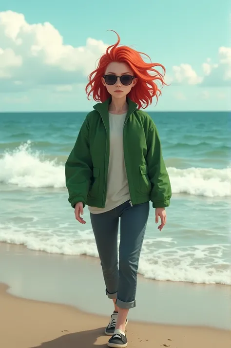 A normal person in a green jacket with red hair and dark glasses walking near a beach