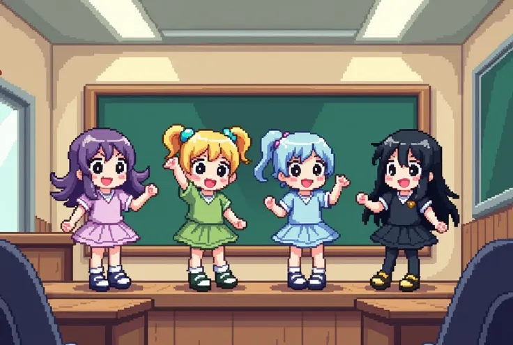 Pixel art, low-bit, 8-bit, mosaic, kawaii chibi characters like those in anime, 4 girls on a podium in a classroom, one in purple, one in green, one in light blue, one in black, dancing side by side, the world of old retro games