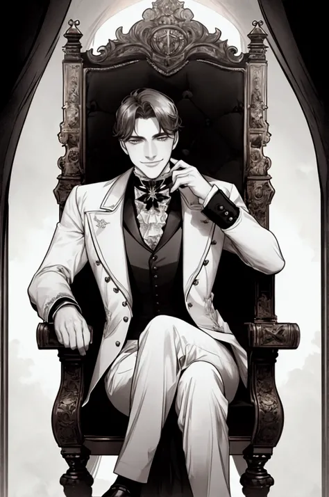 Duke of the North in the Victorian era ,  sitting on his throne with a sarcastic and seductive smile.