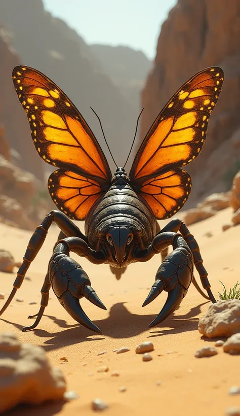 In the middle of a hot and vast desert, an extraordinary cross between a scorpion and a butterfly appeared. The body of this animal is stocky and segmented like a scorpion, with a sharply curved tail ready to attack, but from its back grows a pair of large...