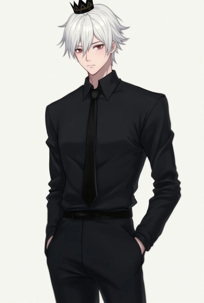 Draw an anime man with white hair , With a shirt with a black tie its black pants its a small black crown