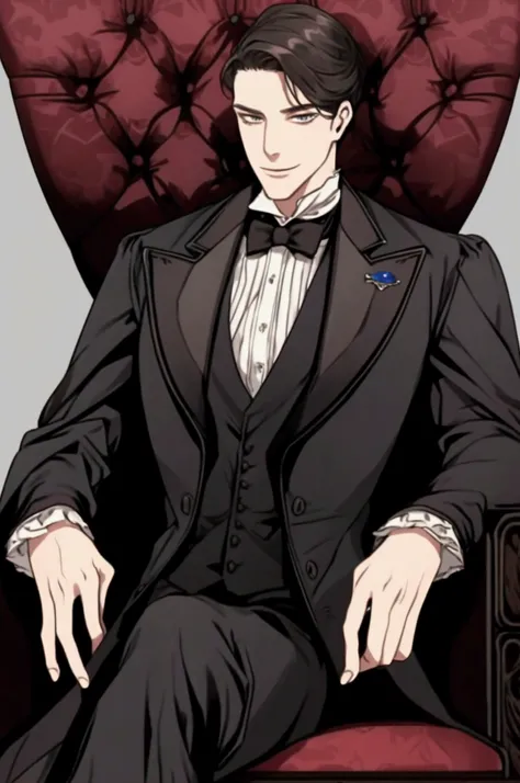 Duke of the North in the Victorian era ,  sitting on his throne with a sarcastic and seductive smile.