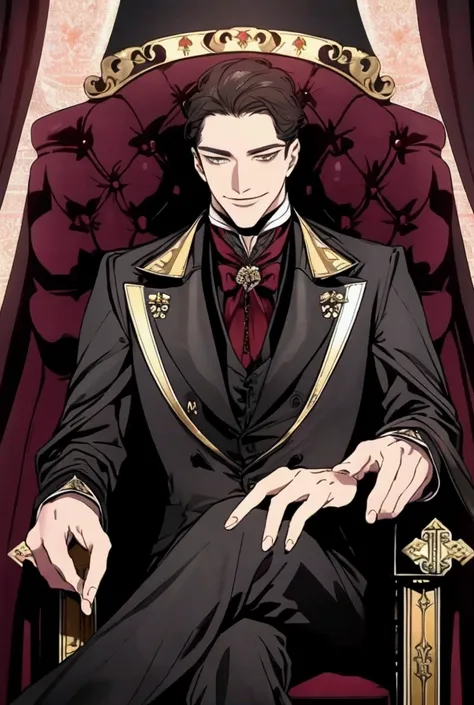 Duke of the North in the Victorian era ,  sitting on his throne with a sarcastic and seductive smile.