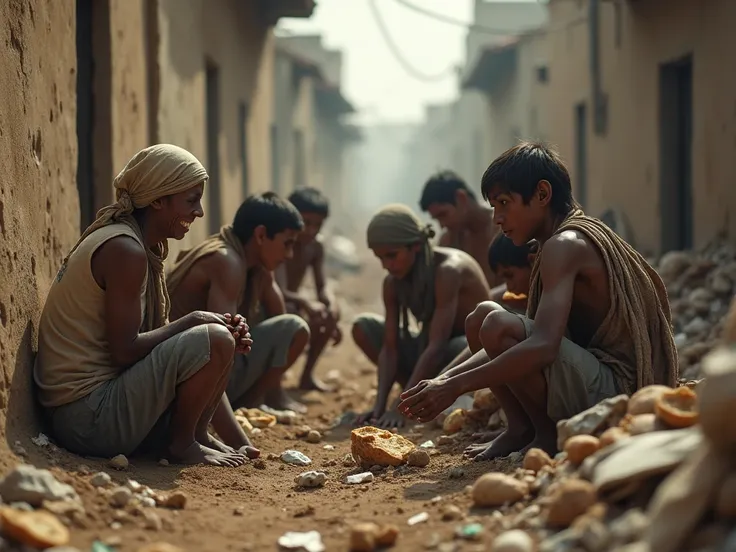 The camera zooms in on an alley where a small group of emaciated people huddle together. Their faces are hollow, eyes sunken, and clothes tattered. A mother, frail and weak, clutches her , who cries out in hunger, his ribs visibly pressing against his thin...