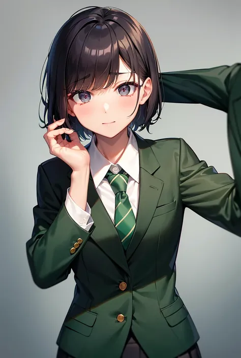   ｛ blazer and dark green tie    ｝,      cute short haired high school girl wearing blazer and dark green tie       ,     blazer and dark green tie を着た制服を着たかわいい短髪の女子高生、 ｛Detailed vagina/Sex｝