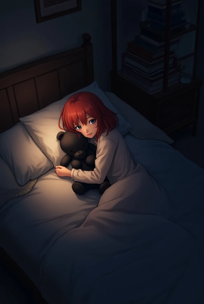 "A red-haired teenage girl with a blunt bob haircut lies on her bed, hugging a black teddy bear. The room is dimly lit in a soft nighttime glow, casting shadows across the space. The illustration, in anime style reminiscent of Tatsuya Endos work, is from a...