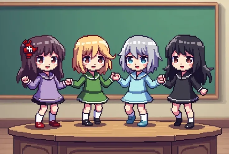 Pixel art, low-bit, 8-bit, mosaic, kawaii chibi characters like those in anime, 4 girls on a podium in a classroom, one in purple, one in green, one in light blue, one in black, dancing side by side, the world of old retro games