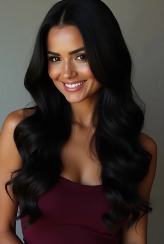 Longer wider black and straighter hair women smiling (Shampoo model) in wearing maroon sleeveless and looking wider thick hair with its back charisma 