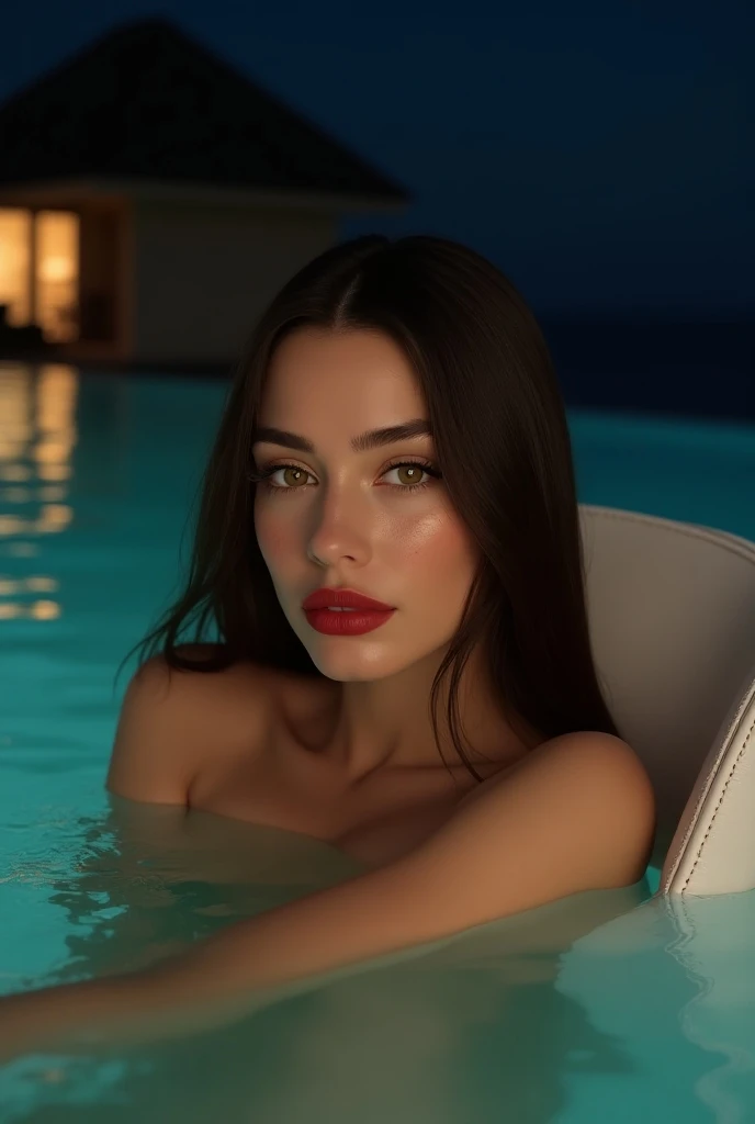  AMBEER HEARD long straight brown hair ,  perfect brown eyes ,long natural eyelashes , some freckles, full lips with red matte rouge , textured white leather, fine and high nose, He is in a pool at night on the beaches of the Maldives in the background of ...