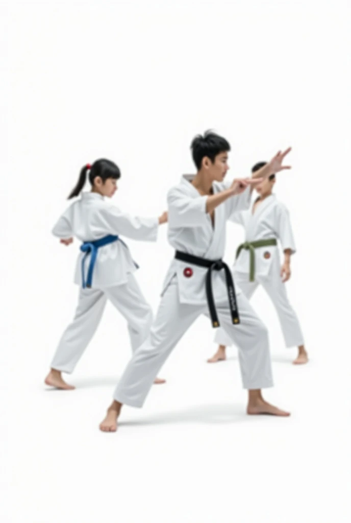 Take a high definition photograph of four Mexicans performing different taekwondo kicks and dressed in a taekwondo dobok: a  girl with a white belt, a  boy with a blue belt, a  with a green belt and a 25-year-old boy with a black belt on a white background...