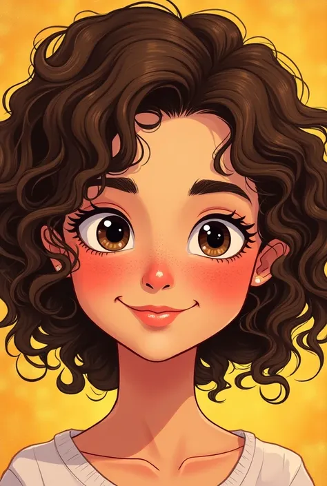  A curly brown-haired girl with brown eyes, brown but fair skin comic style 