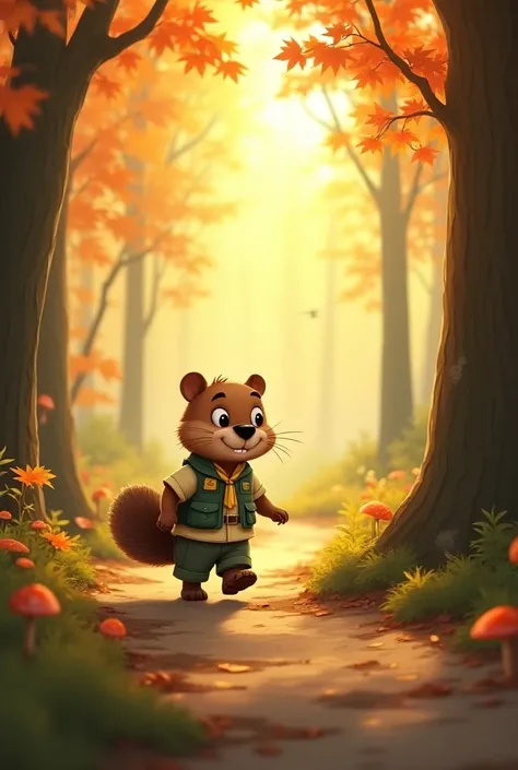 A beaver  ( young scout of 7 or  )  walking in a wooded path on a sunny day in October.