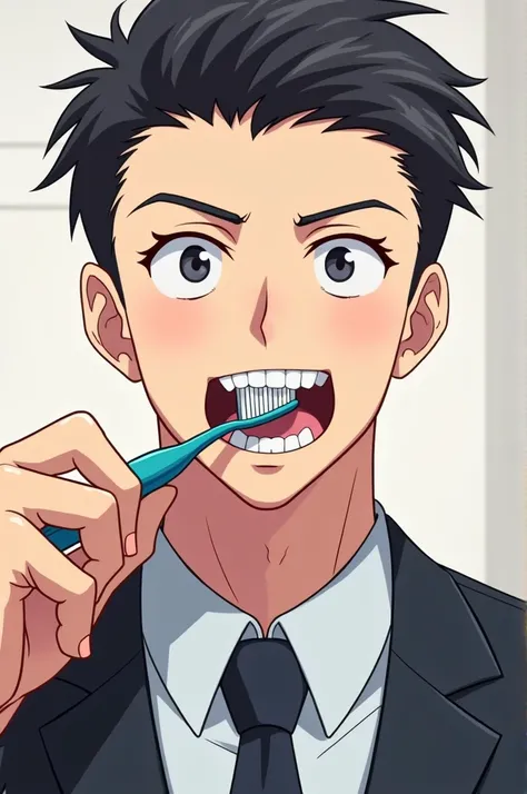 Anime style drawing of the lower bottom half of the face of a man brushing his teeth wearing a suit with only the nose and teeth shown on the image