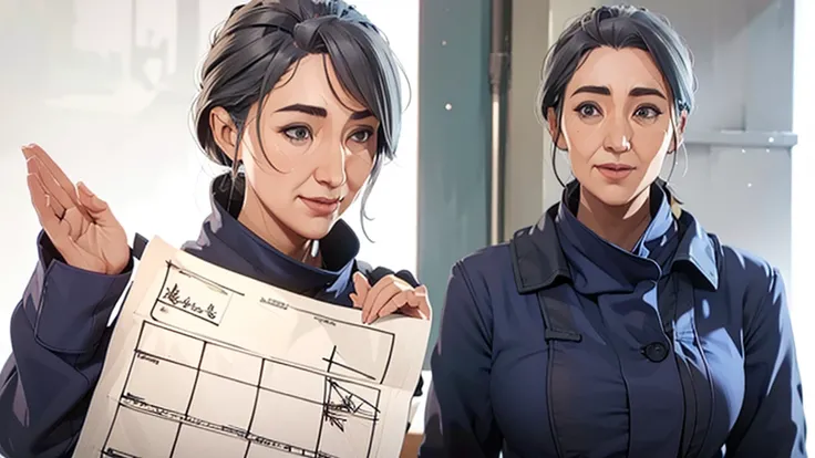 ((character concept art)), ((character design sheet, same character, front, side, back)), head shot, face closeup, (masterpiece), (Best quality), (perfect face), illustration, 1girl, mature age, (thick thighs), grey hair, detailed hair, pretty face, happy,...