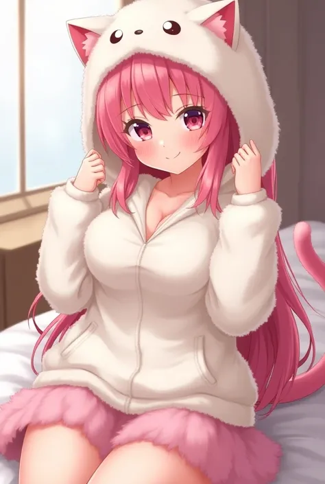 Fluffy white hoodie, fluffy pink skirt, adult girl, big boobs, hands pushing boobs together, on bed, anime, pink hair, red cheeks, smiling face, cat ears