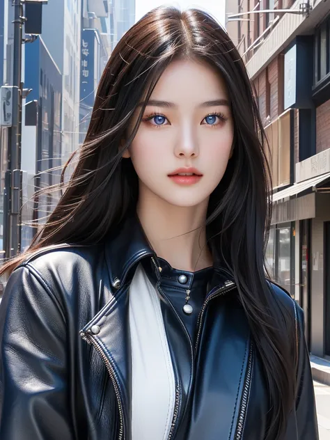 Asian girl ,from South Korea,  long hair,  black hair , blue eyes, rock star, beautiful, In the city,  textured leather,  high resolution,  The best quality , necessary,  Very detailed , In the city