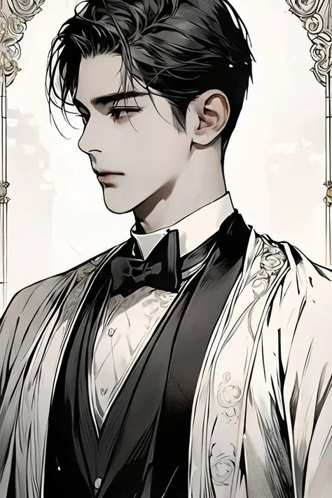 (best quality, Materpiece, 고해상도, 상세한), (아름다운 애니메이션), 남성:1, semi_realistic, A virtual country similar to the Victoria era of United Kingdom, young man, Private Detective, Black hair, short hair, 19th centurys Suit, Heavy Duty , No beard , Clean and tidy app...