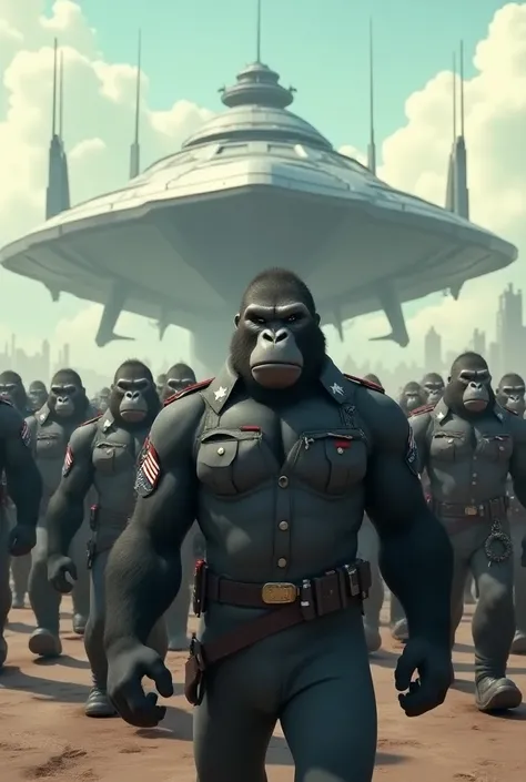 Anime 3d characters herd of burly bodied gorillas wearing American military uniforms are marching neatly clenched mothership