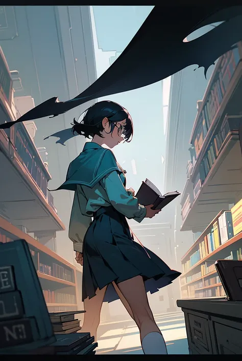 there are people in a library with books on the shelves, colorkey scene, animatic, in a library, in a gloomy library, library background, dark high-contrast concept art, dusty library, badass composition, lab in the background, girl with short hair in scho...