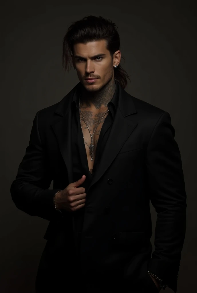 create a dark man ,  Cut Mullet with hair,    no beard,   smiling,  muscular aesthetic , ripped abdomen, ombros largos, piercing gaze,  tattooed (  one of the tattoos has a Cancer sign )   wearing black clothes,elegant, at 28 years old 