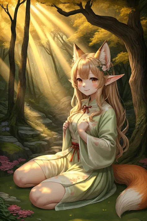 ((highest quality)), ((masterpiece)), (detailed), one girl, sexy beautiful fox woman。鮮やかなオレンジ色の髪がふわりand風になびき、distinctive pointed...