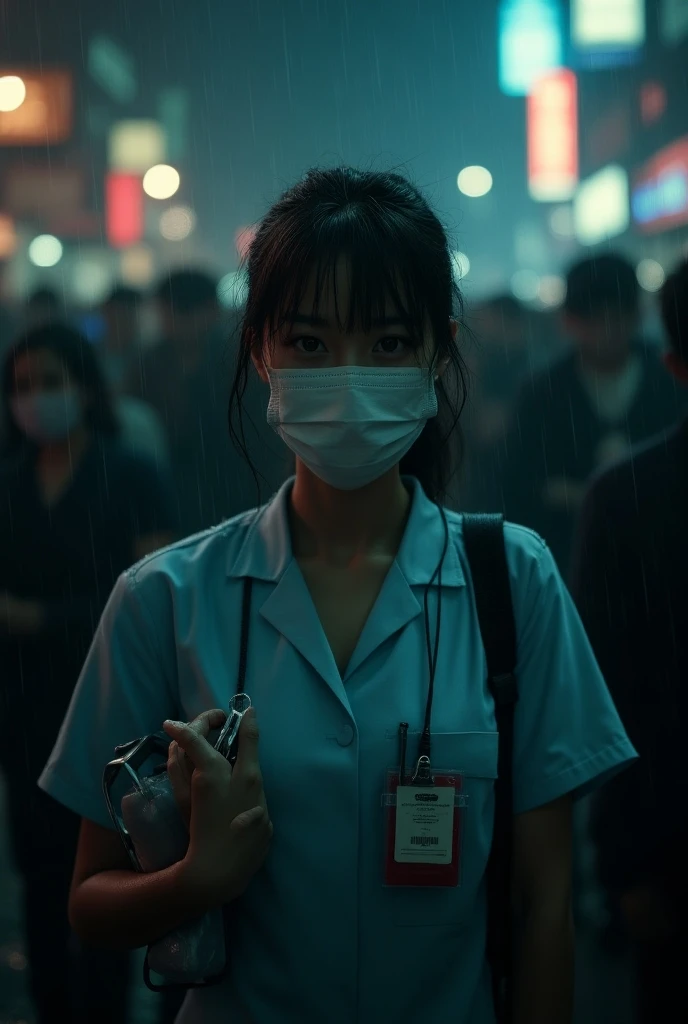  Female nurse carrying scissors, face mask, in the crowd , the night, Rain, dim light