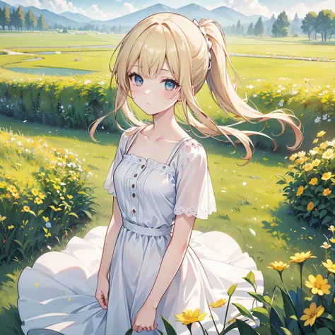 photoRealistic,Realistic, Alone, photoRealistic, Best Quality,  super high definition,  1 girl,, , Blonde in a ponytail,  wear a yellow sundress, A gentle breeze blowing through the grass,, , One woman,, beautiful, masterpiece, Best Quality,  very detailed...