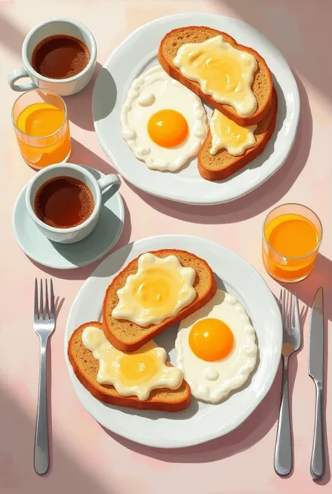 gouache, breakfast table, top down view, pastel colors, two plates, two cups of coffee, bread with melted cheese, eggs sunny side up, orange juice in clear cups, horizontal, canvas painting.