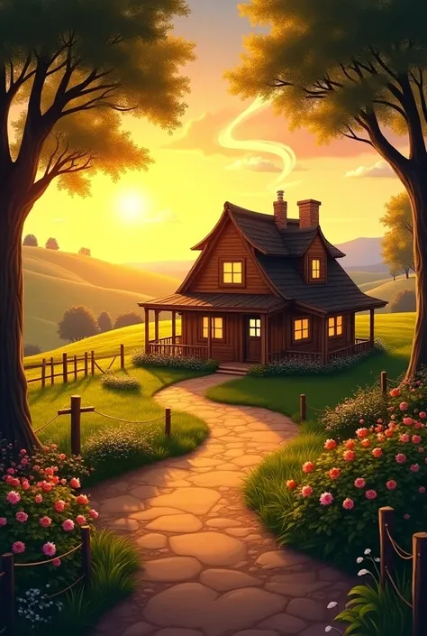 House in the countryside by sunset 
