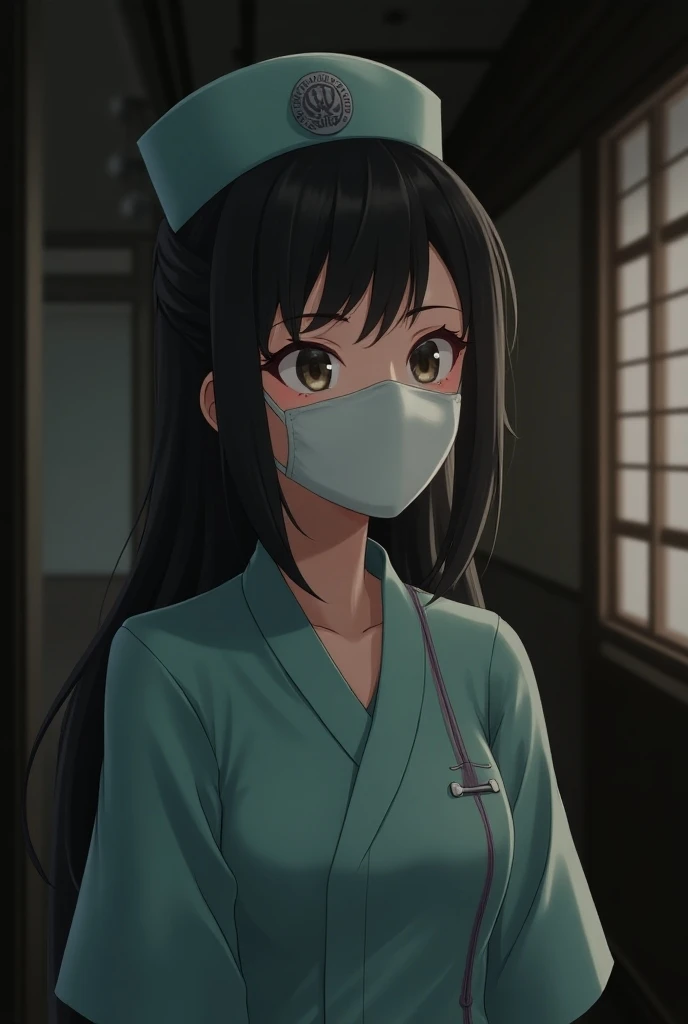  Female nurse , with mask , night, dim light,  japanese atmosphere, laughing expression