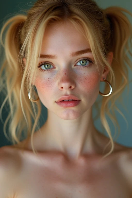 sexy teen girl, pigtails,  girl, gorgeous, pretty face, pale skin, freckles, blonde hair, aqua green eyes, full shiny lips, big ...