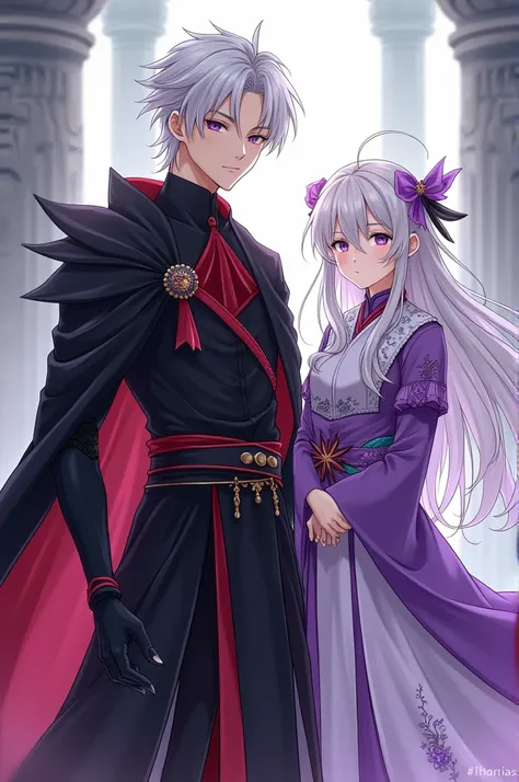  panel from House of the Dragons 
Create a 19-year-old young man with lilac eyes,  short white hair , with black clothes with red details typical of dragon riding,  and with him a 20-year-old woman , with long white hair ,  with clothes with details in lil...