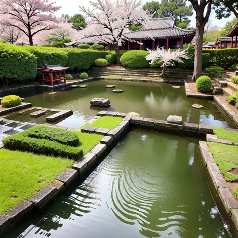  absurd,  High Resolution , Super detailed, beautiful, masterpiece,  best quality,Ancient temples, Lush garden, Vibrant colors, Quiet Pond, Traditional architecture, cherry blossoms