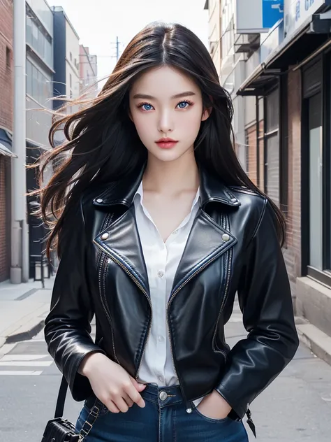 Asian girl ,from South Korea,  long hair,  black hair , blue eyes, rock star, beautiful, In the city,  textured leather,  high resolution,  The best quality , necessary,  Very detailed , In the city