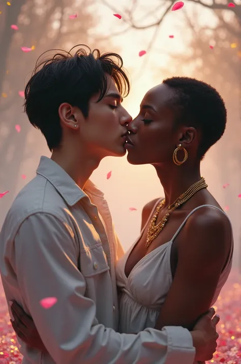 Create an image of BTSs Namjoon with Kendrick Lamar kissing 