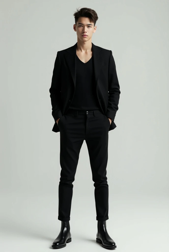 Young man, Black v-neck T-shirt, black blazer, black pants, black chelsea boots