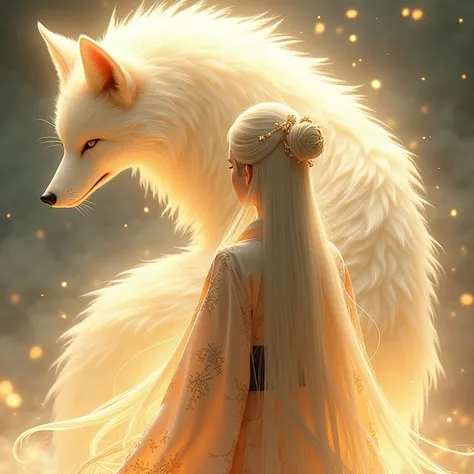  long hair in the transparent shadows of a white, golden, golden, nine-tailed fox，A princess wearing a long kimono
Back view , Optical illusion, Artistic,  Digital Art , Super detailed, 