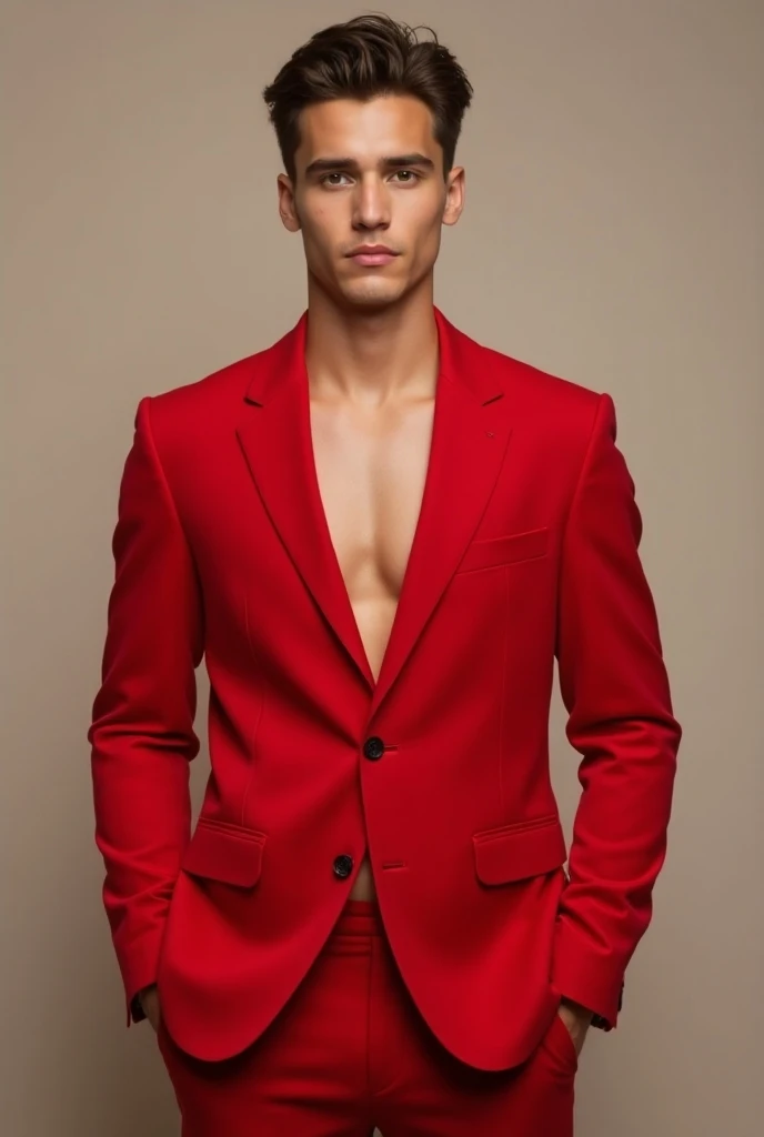 
Create a 23-year-old tall brown boy with brown hair light brown eyes in a red suit 