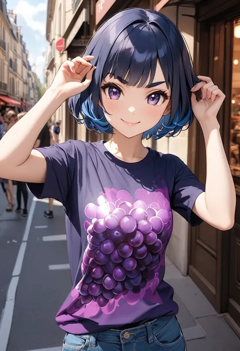 (masterpiece, best quality),grape-print T-shirt,(A girl wearing a grape-print T-shirt),
(tween,cute,(darkblue hair, wavy-short hair),bold eyebrows,middle small breasts),smile,brow-job pose,street snap, France,octane rendering,