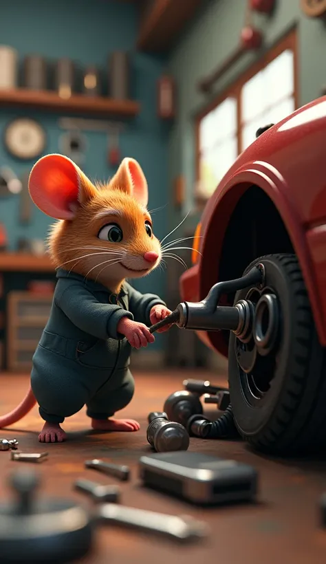 Close -up a mouse repair the car in motor shop 3d animation,