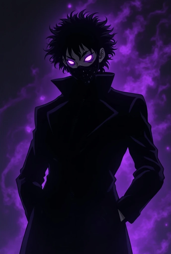  Draw an anime man corrupted by something evil he is wearing a black mask that has creepy bright purple eyes , He is wearing completely black clothes with curly black hair and also with a purple aura .