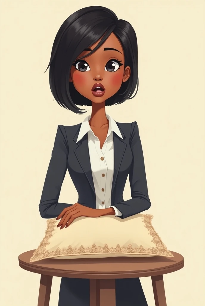 Cartoon of a journalist ,  Black woman with short straight hair , slanted eyes, dresses in a suit ,  open-mouthed lace pillow .