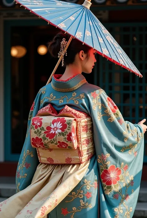 Beautiful maikos full back view 、High-end kimono、He is holding a light blue Japanese umbrella , Japanese umbrellas in Japan, (( The wide kimono belt on his back hangs long and straight,  A gorgeous embroidered belt on gold fabric )),  beautiful kimono with...